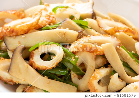 Stir-fried chikuwa, king trumpet and peppers. Stir-fried chikuwa, king trumpet and peppers. 81591579