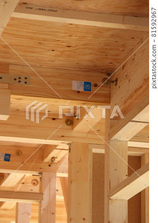 Wooden detached house construction site with earthquake-resistant hardware Wooden detached house construction site with earthquake-resistant hardware 81592967