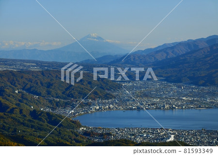 Mt. Fuji and Lake Suwa from Takabotchiyama 81593349