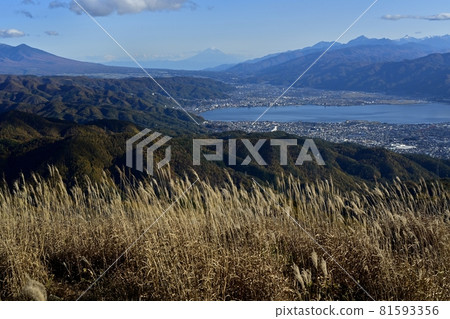 Mt. Fuji and Lake Suwa from Takabotchiyama 81593356