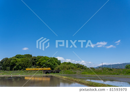 Sangi Railway Hokusei Line yellow light railway passing through Megane Bridge in Inabe City, Mie Prefecture 81593970