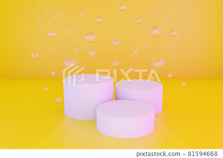 Bright yellow minimal three 3d background with neon effect. Poster design with studio podium platform, glass balls and bubbles. Abstract 3d render. Bright yellow minimal three 3d background with neon effect. Poster design with studio podium platform, glass balls and bubbles. Abstract 3d render. 81594668