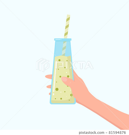 A woman is holding a glass with delicious smoothies on a colored background. 81594876