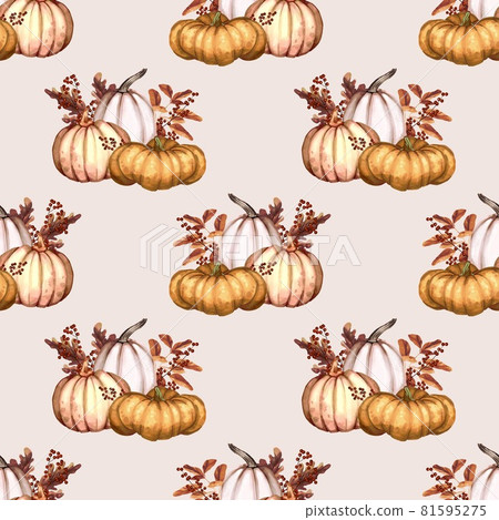 Watercolor pumpkin seamless pattern. Orange, rose and white pumpkins 81595275