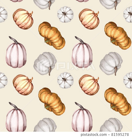 Watercolor pumpkin seamless pattern. Orange, rose and white pumpkins 81595278