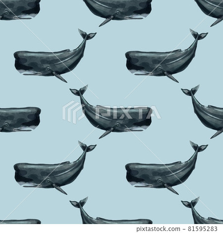 Watercolor Sperm Whale seamless pattern. Blue... - Stock Illustration ...