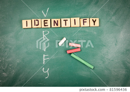 IDENTIFY and VERIFY. Wooden alphabet letters on a green chalk board IDENTIFY and VERIFY. Wooden alphabet letters on a green chalk board 81596436