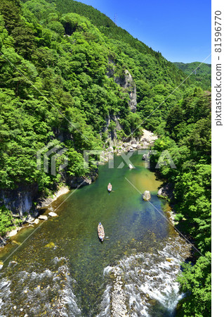 The fresh green Kinugawa Valley seen from the Kinugawa Suspension Bridge 81596770