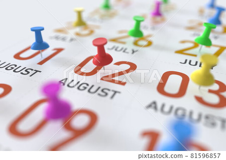 August 2 date and push pin on a calendar, 3D rendering 81596857