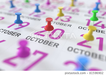 October 20 date and push pin on a calendar, 3D rendering October 20 date and push pin on a calendar, 3D rendering 81596902