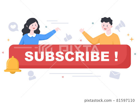 Subscribe, Share, Bell Notification Icon Button Background Vector Illustration with Cute Cartoon Character Flat Design for Youtube, Blogging, Promotion. Social Media Post 81597110
