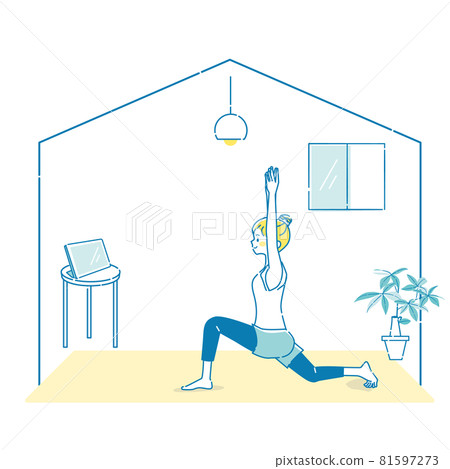 在家看平板電腦時做瑜伽的年輕女子的插圖 在家看平板電腦時做瑜伽的年輕女子的插圖 81597273