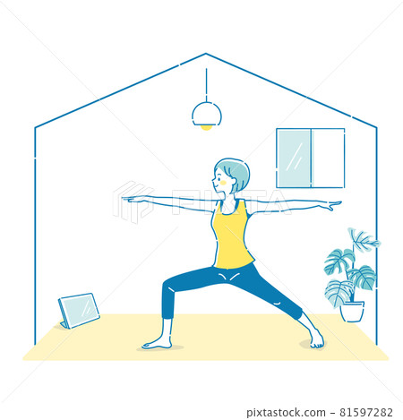 在家看平板電腦時做瑜伽的年輕女子的插圖 在家看平板電腦時做瑜伽的年輕女子的插圖 81597282