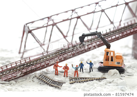 A diorama landscape of a railway bridge that collapsed due to a disaster and restoration A diorama landscape of a railway bridge that collapsed due to a disaster and restoration 81597474