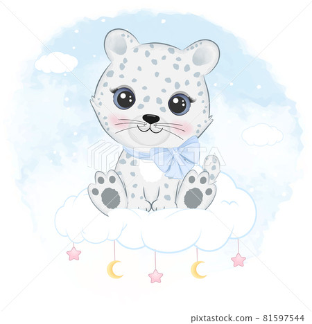 Cute little snow leopard sitting on the cloud arctic animal watercolor background 81597544