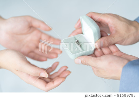 Proposal: Up the hand of a man who presents an engagement ring 81599793