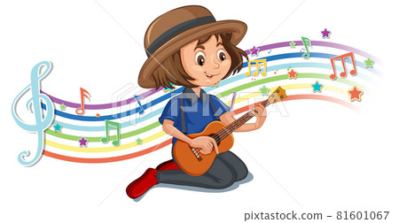 Girl playing guitar with melody symbols on rainbow wave 81601067