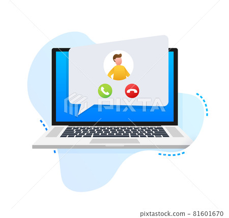 Incoming video call on laptop. Laptop with incoming call, man profile picture and accept decline buttons. Vector stock illustration Incoming video call on laptop. Laptop with incoming call, man profile picture and accept decline buttons. Vector stock illustration 81601670