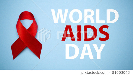 AIDS ribbon on a blue background with text. Red ribbon, symbol of World AIDS Day or HIV Awareness Month and concept of healhcare AIDS ribbon on a blue background with text. Red ribbon, symbol of World AIDS Day or HIV Awareness Month and concept of healhcare 81603043