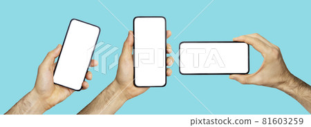 Empty screen background in hand isolated. Hand with a white screen of a mobile phone in different positions on a blue background Empty screen background in hand isolated. Hand with a white screen of a mobile phone in different positions on a blue background 81603259