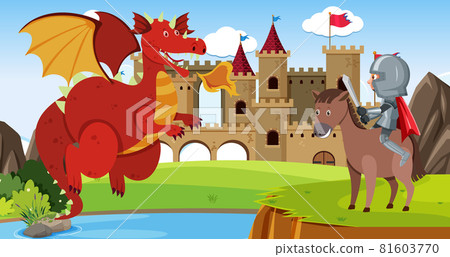 Knights fight with dragon at the castle - Stock Illustration [81603770 ...