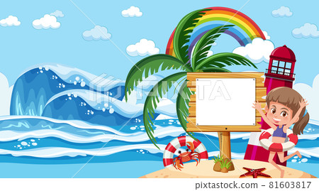 Empty banner template with kids on vacation at the beach daytime scene 81603817