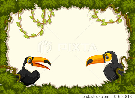 Empty banner with leaves frame and toucan cartoon character 81603818