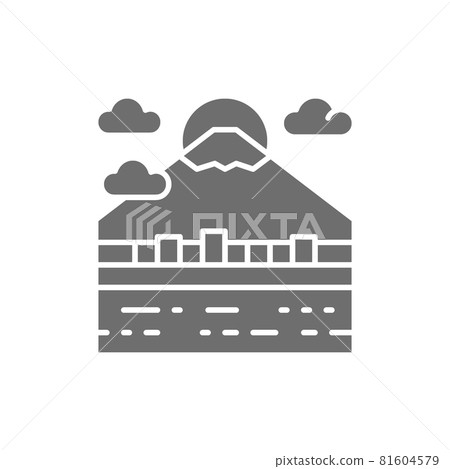Urban japanese landscape, mount Fuji grey icon. Urban japanese landscape, mount Fuji grey icon. 81604579