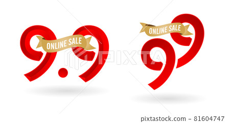 9.9 Mega sale, 9.9 online sale, with gradient red and golden ribbon applicable poster or flyer design, social media banner, online shop promotion, web banner store and retail, agency advertise media 81604747