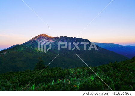 From the mountain trail to Mt. Mitsumata Renkadake, Mt. Kurobegoro blushing in the morning sun 81605865