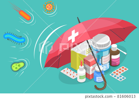 3D Isometric Vector Conceptual Illustration of Antibiotic Protection. 3D Isometric Vector Conceptual Illustration of Antibiotic Protection. 81606013