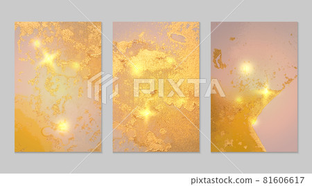 Set of abstract yellow, pink and gold backgrounds with marble texture and shining glitter Set of abstract yellow, pink and gold backgrounds with marble texture and shining glitter 81606617