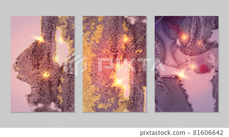 Abstract gray, purple, pink and gold alcohol ink pattern with marble texture 81606642