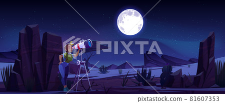 Woman look in telescope, astronomy science, space 81607353