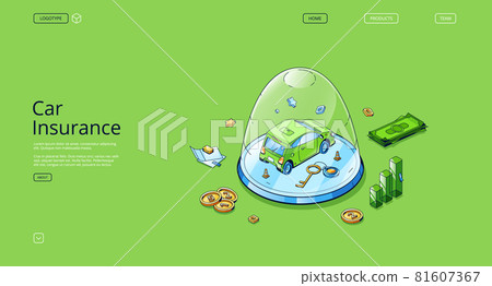 Car insurance isometric landing auto at glass dome 81607367
