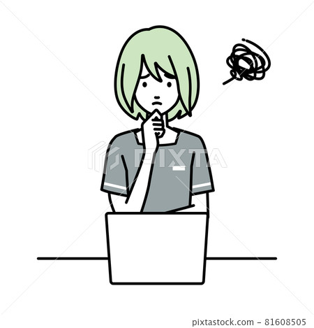 A woman who is a beauty salon clerk who is in trouble sitting at a desk and opening a PC 81608505