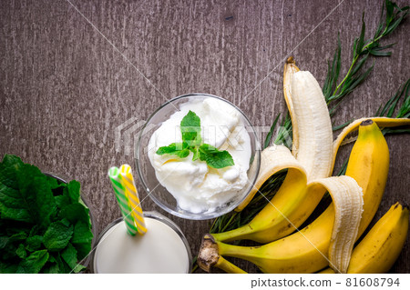 Ice cream with fresh banana and mint on wooden table. Ice cream with fresh banana and mint on wooden table. 81608794