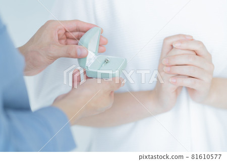 Proposal: Up the hand of a man who presents an engagement ring 81610577