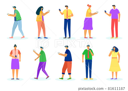 Woman man use gadget set, vector illustration. Flat people character talk in internet, female male person hold smartphone. Mobile message Woman man use gadget set, vector illustration. Flat people character talk in internet, female male person hold smartphone. Mobile message 81611187