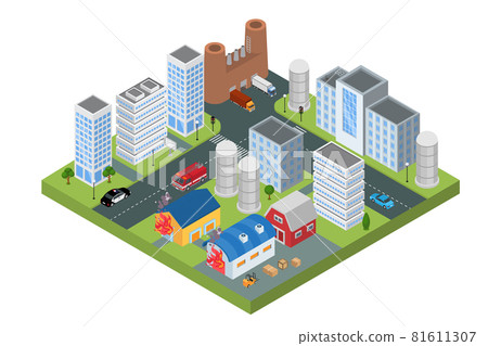 Fire in isometric town concept, vector illustration. House building in flame, flat firefighting emergency car go to burned home. Disaster 81611307