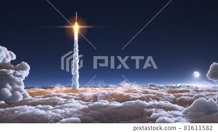 Rocket flies through the clouds on moonlight 81611582