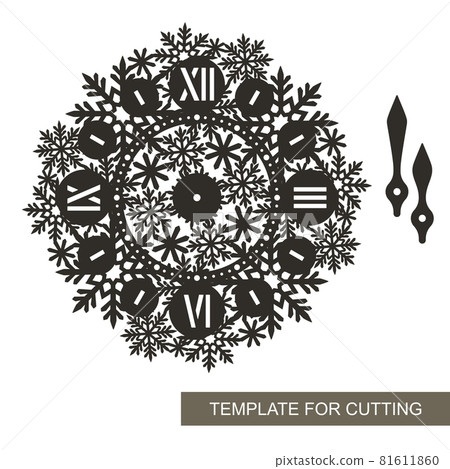 Silhouette of decorative wall clock. Roman numerals, hour and minute hands, openwork dial with a pattern of snowflakes. Interior decoration, gift for winter holidays, Christmas, New Year. Vector image Silhouette of decorative wall clock. Roman numerals, hour and minute hands, openwork dial with a pattern of snowflakes. Interior decoration, gift for winter holidays, Christmas, New Year. Vector image 81611860
