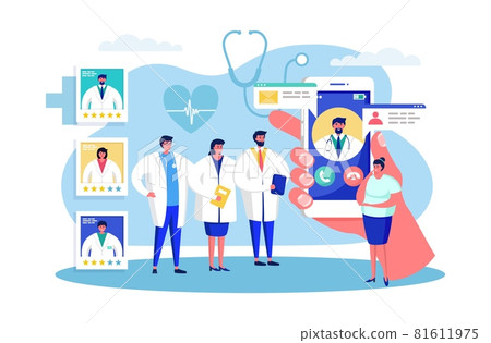 Patient choose doctor, vector illustration. Medical help by hospital physician, woman character select professional treatment. Person stand 81611975