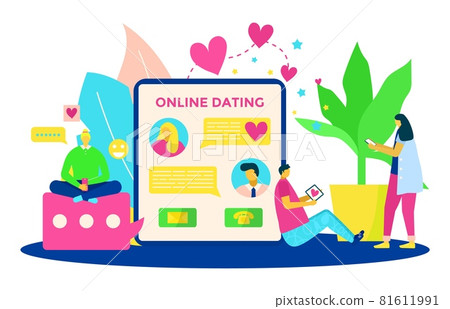 Online dating in social media, vector illustration. Man woman character use device, mobile internet application for couple chat. Girl guy send Online dating in social media, vector illustration. Man woman character use device, mobile internet application for couple chat. Girl guy send 81611991