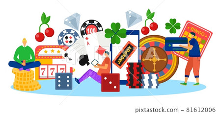 Casino with luck game online, vector illustration. Man woman people character play in jackpot, gambling for flat money prize. 81612006