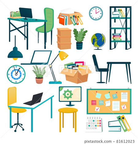 Furniture set for office, vector illustration. Isolated on white element for room interior design, work table, modern lamp, laptop, flower pot. 81612023