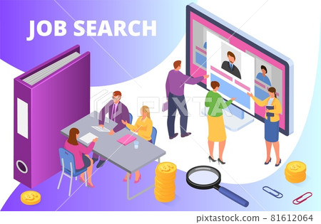 Search job, isometric vector illustration. Employment work, man woman character look at online candidate resume at computer screen. Search job, isometric vector illustration. Employment work, man woman character look at online candidate resume at computer screen. 81612064