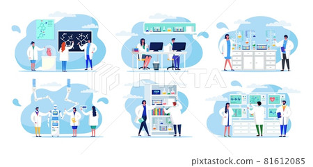 Science research in laboratory, vector illustration. Man woman people character make scientific experiment, medical test with microscope, set. 81612085