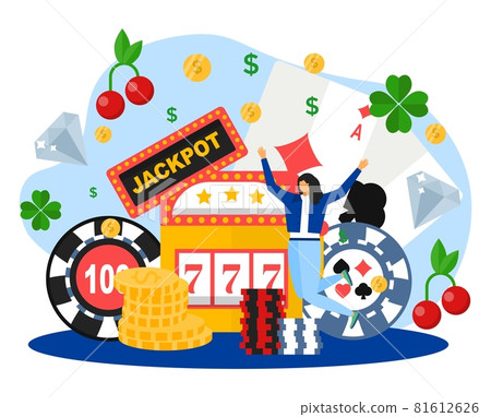 Luck in casino concept, vector illustration. Happy flat tiny woman character win jackpot, fortune wheel at online gambling. Slot game machine Luck in casino concept, vector illustration. Happy flat tiny woman character win jackpot, fortune wheel at online gambling. Slot game machine 81612626