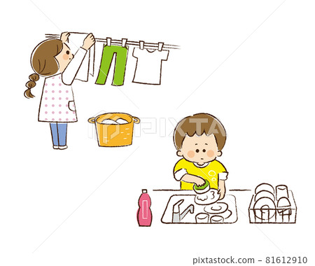 A set of a girl doing the laundry and a boy washing the dishes 81612910
